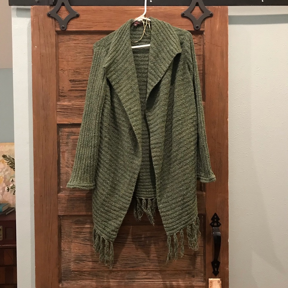 COZY warm oversized Green texture fringe Cardigan